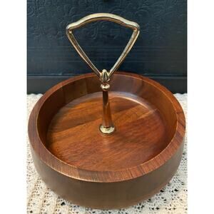 Vtg Vermillion Walnut Wood Candy Peanut Nut Bowl Caddy Handle Snack Bowl MCM 6"